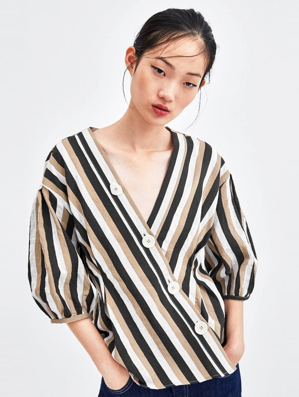 Zara Striped Wrap Blouse in Black, White & Beige